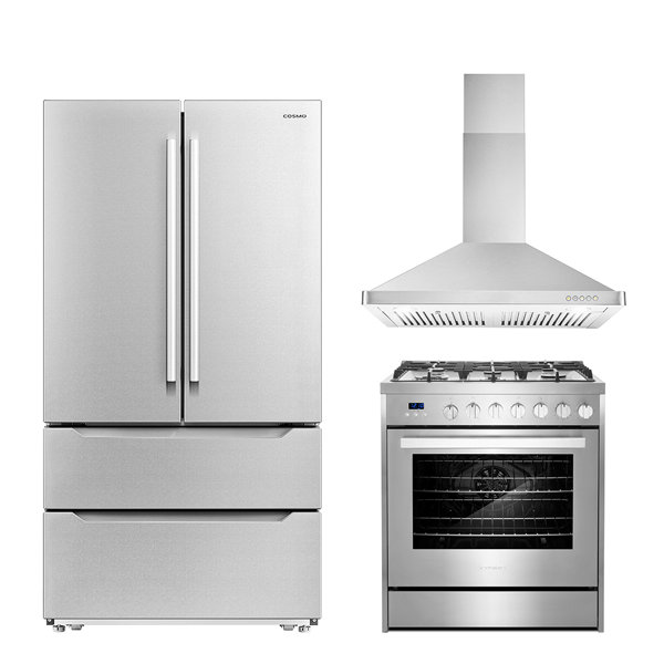Cosmo 3 Piece Kitchen Appliance Package with French Door Refrigerator , 30'' Gas Freestanding